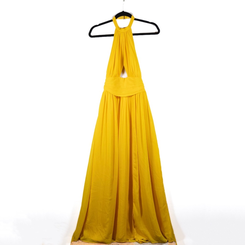 Lovers And Friends Hazel Halter Neck Cut Out Long Cocktail Dress Canary Yellow S